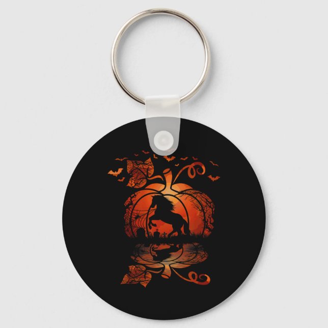 Fall Cute Horse In The Pumpkin Fun Halloween Autum Keychain (Front)