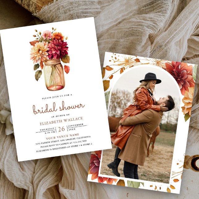Fall Dahlia Floral Mason Jar Photo Bridal Shower Invitation (Creator Uploaded)