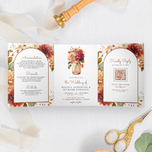 Fall Dahlia Floral Mason Jar QR Code Wedding Tri-Fold Invitation