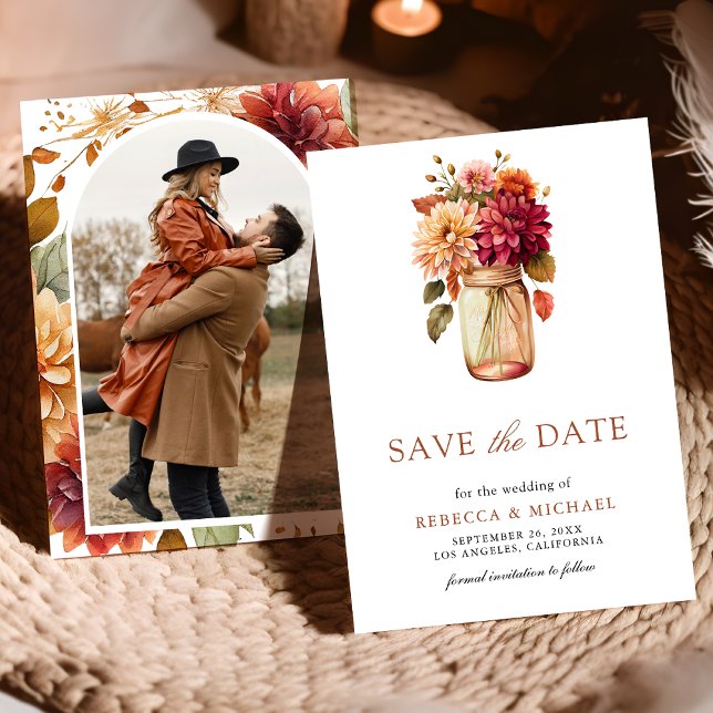 Fall Dahlia Mason Jar Photo Wedding Save The Date (Creator Uploaded)