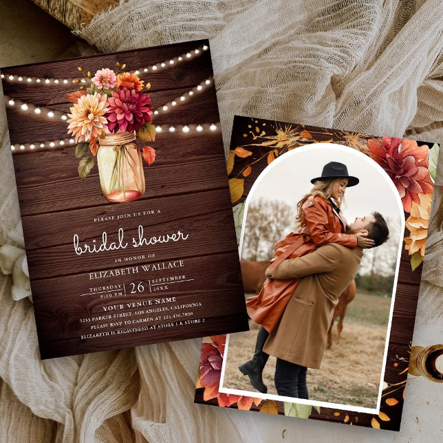 Fall Dahlia Wood Mason Jar Photo Bridal Shower Invitation (Creator Uploaded)