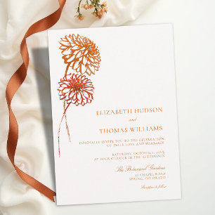 Fall Dahlias Burnt Copper Sketch Modern Wedding Invitation