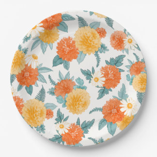 Fall Dahlias Floral Watercolor Pattern Paper Plate
