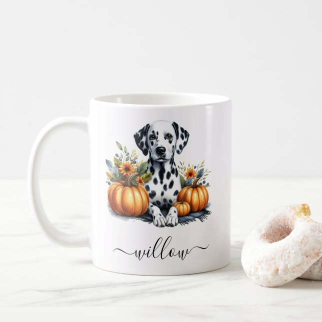 Fall Dalmatian Dog Mug with Personalized Name (With Donut)
