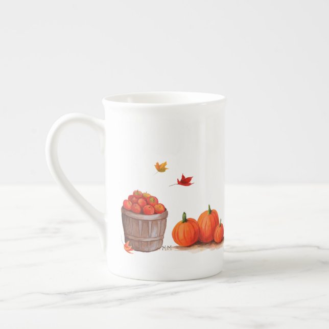 Fall Day with Pumpkins Leaves Apples and Rake Bone China Mug (Left)