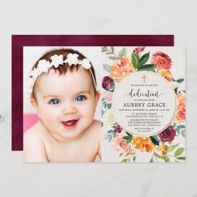 Fall Dedication floral burgundy rustic photo Invitation (Front/Back)
