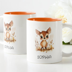 Fall Deer Watercolor Animal Simple Cute Kids Name Two-Tone Coffee Mug