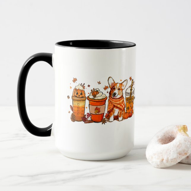 Fall Dog Coffee Mug, Corgi Dog Mug, Fall Vibes Mug (With Donut)