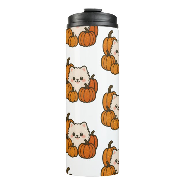 Fall Drinkbottle with Pomeranian and Pompoen Thermal Tumbler (Front)