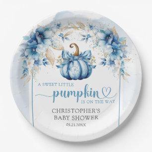 Fall dusty blue and gold pumpkin flowers arch paper plate