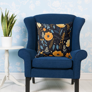 Fall Elegant Orange Flowers Blue Leaves Black Throw Pillow