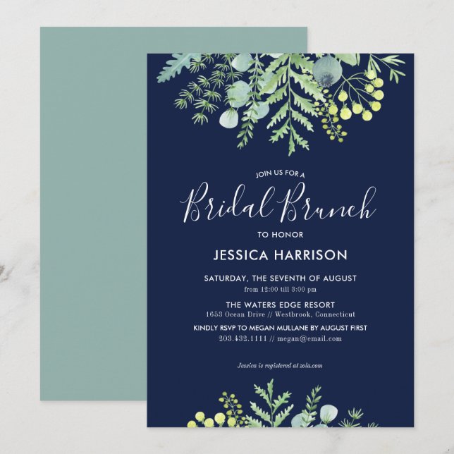Fall Eucalyptus Floral Bridal Shower Brunch Navy Invitation (Front/Back)