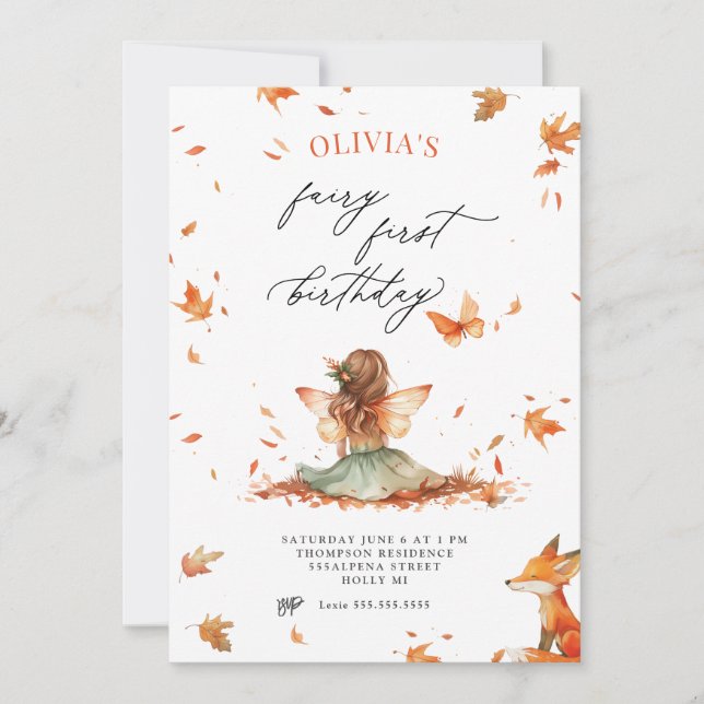 Fall Fairy and Fox First Birthday Invitation (Front)