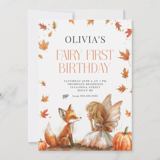 Fall Fairy First Birthday Invitation with a Fox (Front)