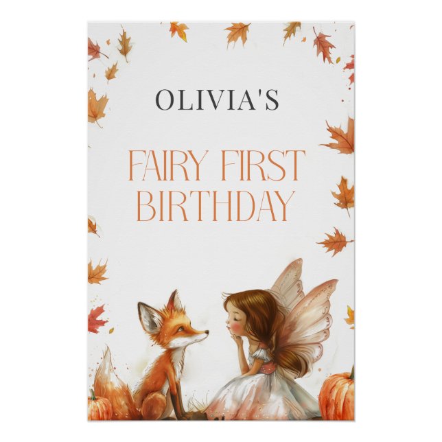 Fall Fairy First Birthday Invite with Fox Brunette Poster (Front)