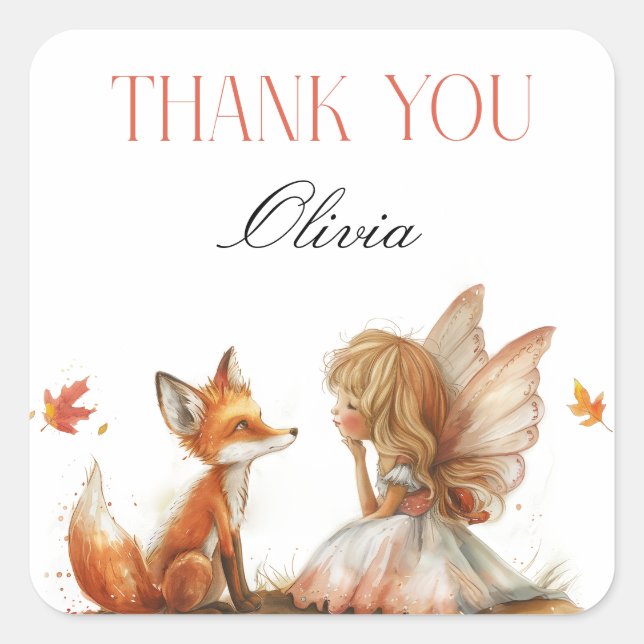 Fall Fairy First Birthday Thank You with a Fox Square Sticker (Front)