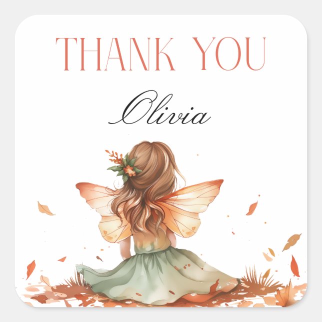 Fall Fairy First Birthday Thank You with a Fox Square Sticker (Front)
