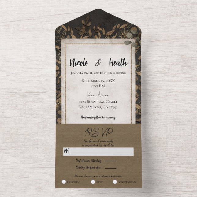 Fall Fairytale Bronze Botanical Leaves Wedding    All In One Invitation (Inside)