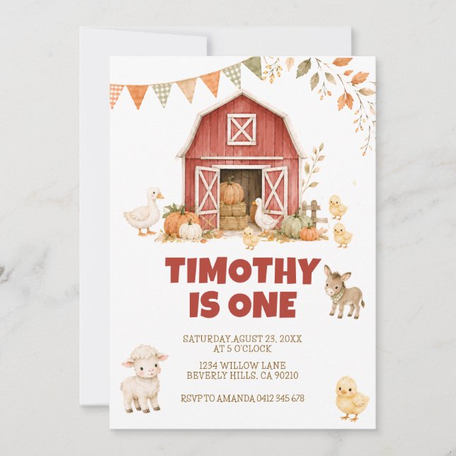Fall Farm Animals Barnyard Boy 1st Birthday Invitation (Front)