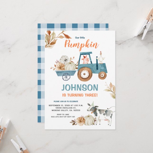 Fall Farm Our Little Pumpkin Birthday  Invitation (Front/Back In Situ)