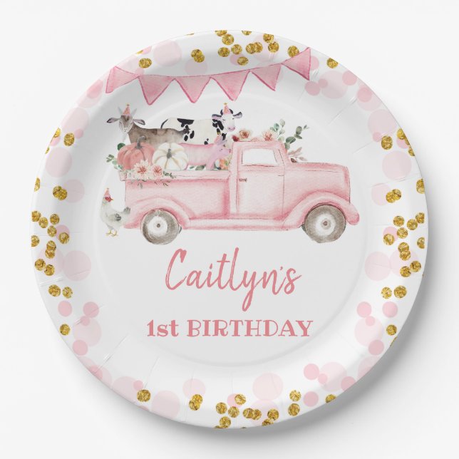 Fall Farm Pumpkin Pink Truck Drive By Birthday Paper Plate (Front)
