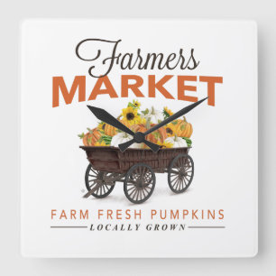 FALL FARMERS MARKET PUMPKIN AND SUNFLOWERS SQUARE WALL CLOCK