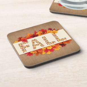 Fall Farmhouse Colourful Autumn Leaves on Burlap  Coaster