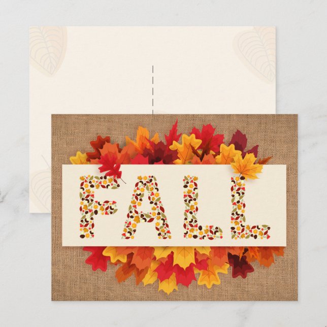 Fall Farmhouse Colourful Autumn Leaves on Burlap  Postcard (Front/Back)