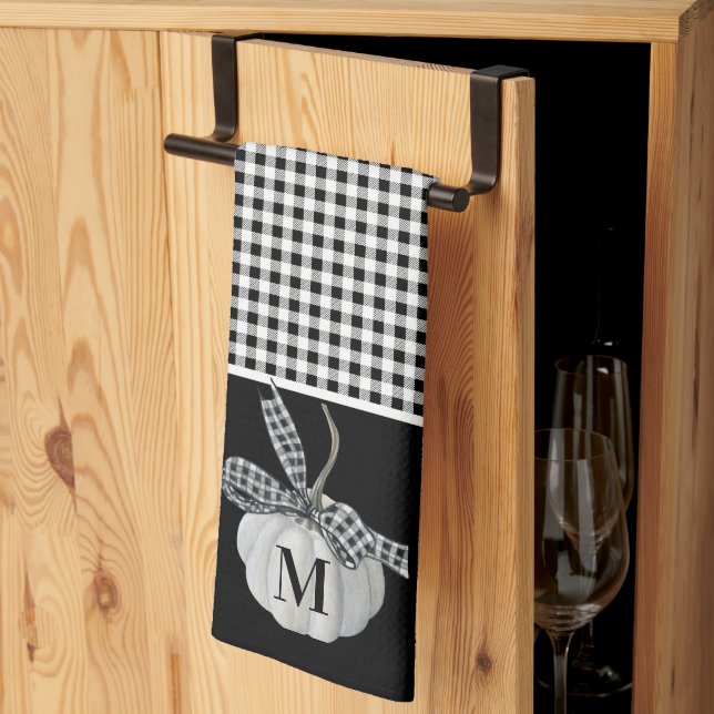 Fall Farmhouse Pumpkin Black White Buffalo Plaid Kitchen Towel (Thirds Fold)