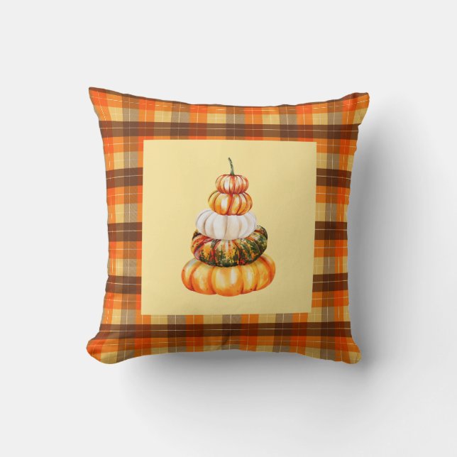 Fall Farmhouse Pumpkins and Orange Brown Plaid Throw Pillow (Front)