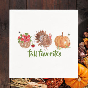 Fall Favorites Watercolor Apples Turkey Pumpkin Napkin
