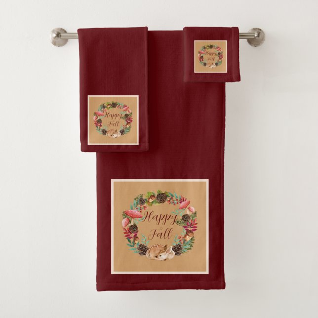 Fall fawn and nature with customizable text  bath towel set (Insitu)