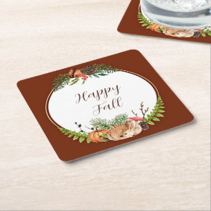 Fall fawn and nature with customizable text square paper coaster