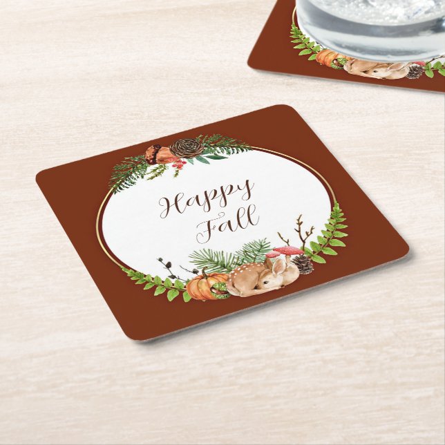 Fall fawn and nature with customizable text  square paper coaster (Angled)