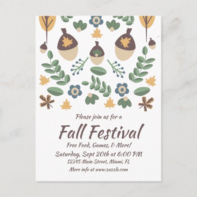 Fall Festival Floral Greenery Leaves Acorns  Postcard (Front)