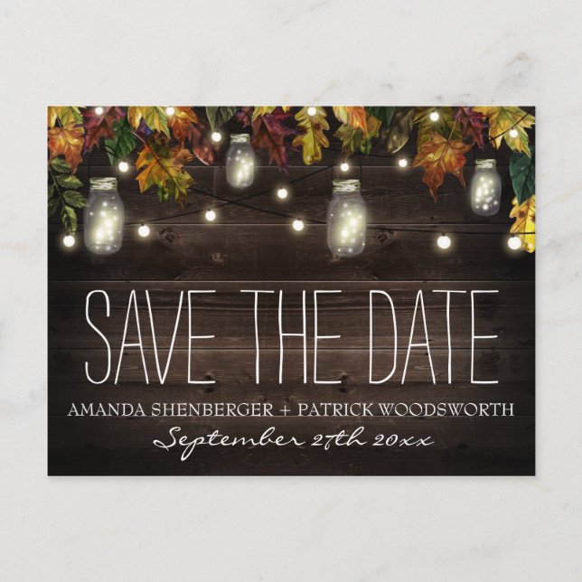 Fall Firefly Mason Jar Wedding Save the Date Cards (Front)