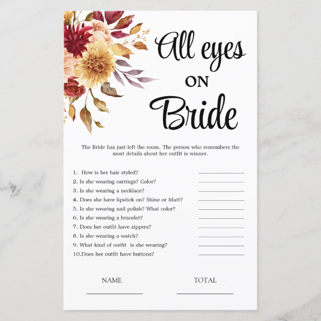 Fall Floral All eyes on Bride Bridal Shower Game (Front)