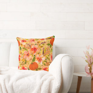 Fall Floral and Pumpkins on Golden Hay Background Throw Pillow