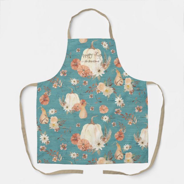 Fall Floral Autumn Pumpkin Foliage Teal Blue Name Apron (Front)
