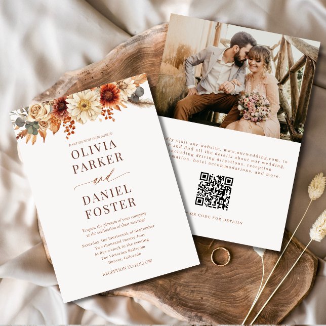 Fall Floral Autumn Wedding QR Code Photo  Invitation (Creator Uploaded)
