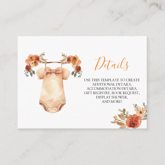 Fall Floral Baby Clothes Baby Shower Details Enclosure Card (Front)