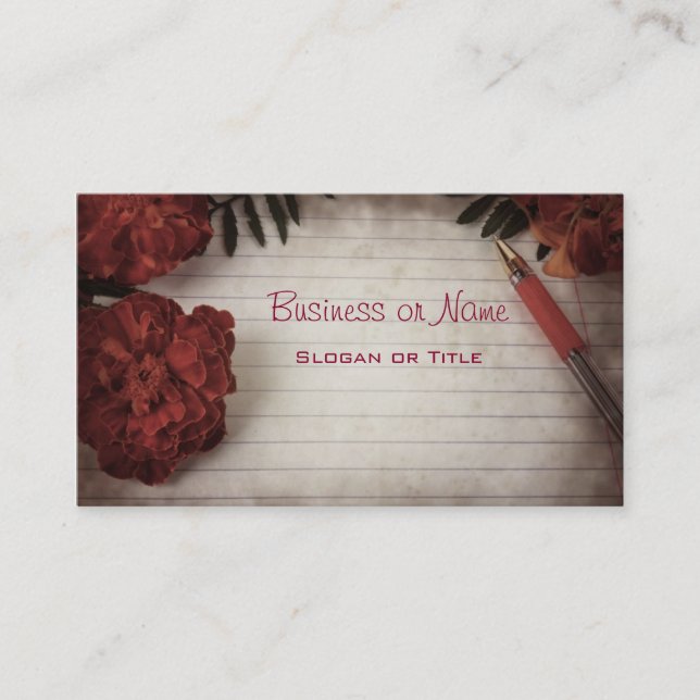 Fall Floral Background with Pen and Lined Paper Business Card (Front)