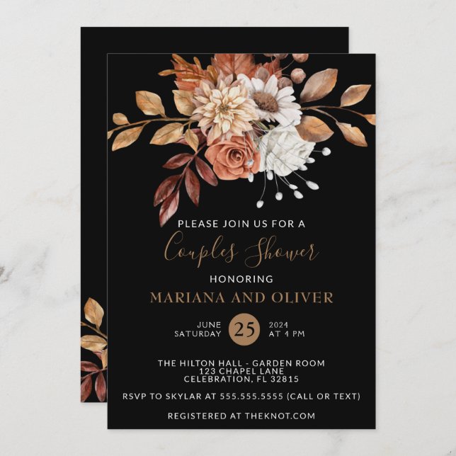Fall Floral Black Dark Couples Shower Invitation (Front/Back)