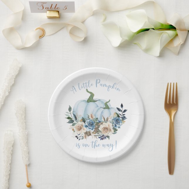 Fall Floral Blue Pumpkin Boy Baby Shower Paper Plate (Wedding)