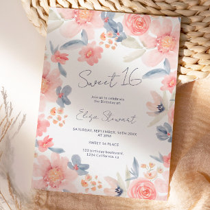 Fall floral boho pink blue watercolor Sweet 16 Invitation
