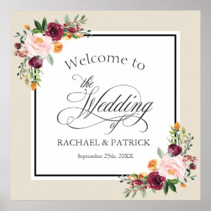 Fall Floral Border Wedding Welcome Signage Poster