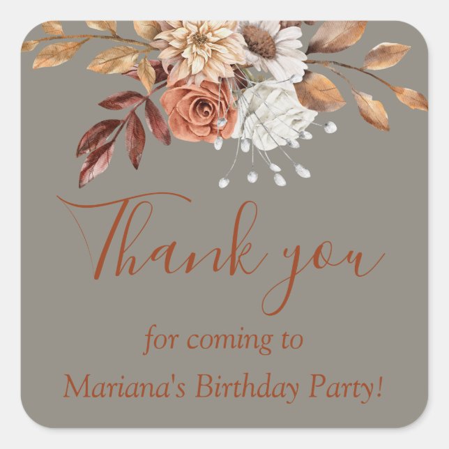 Fall Floral Bouquet Birthday Grey Favour Square Sticker (Front)