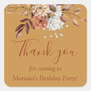 Fall Floral Bouquet Birthday on Gold Favour Square Sticker