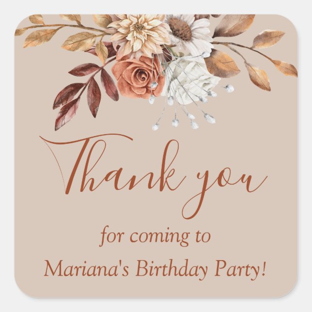 Fall Floral Bouquet Birthday on Taupe Favour Square Sticker (Front)
