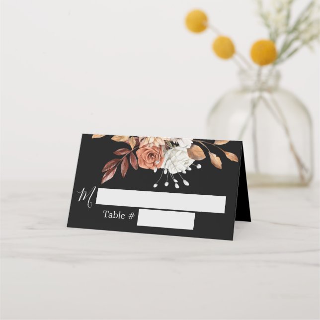 Fall Floral Bouquet Black Wedding Place Card (Front)